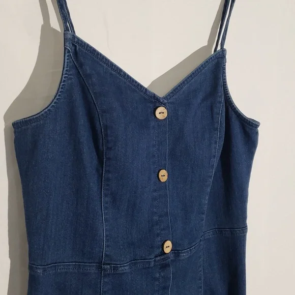 Denim Sleeveless Strappy Mini Dress Button Down Details Bodycon Juniors Large - Picture 2 of 8